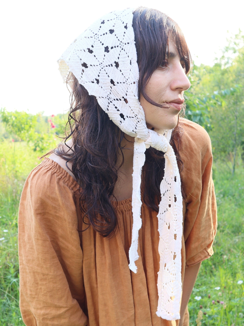 Upcycled Vintage Crochet Tie Handmade Cotton Headscarf